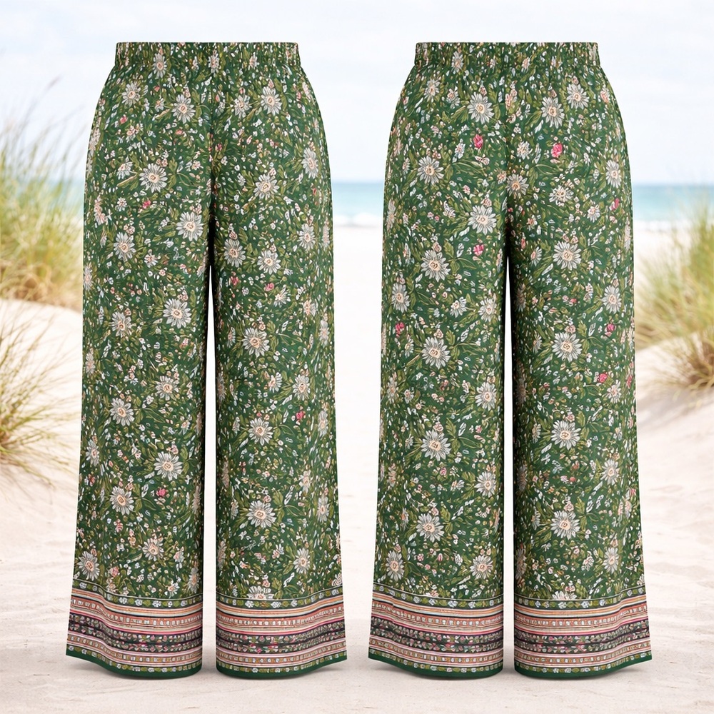 Talbots Green Floral Garden Pants Wide Leg Pull-On w/ Pockets Resort Coastal Med